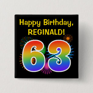 Fun Fireworks + Rainbow Pattern "63" Birthday # 15 Cm Square Badge