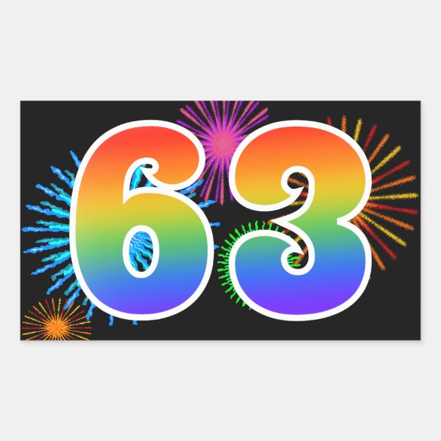 Fun Fireworks + Rainbow Pattern "63" Event Number Rectangular Sticker (Front)