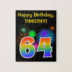 Fun Fireworks + Rainbow Pattern "64" Birthday # Jigsaw Puzzle