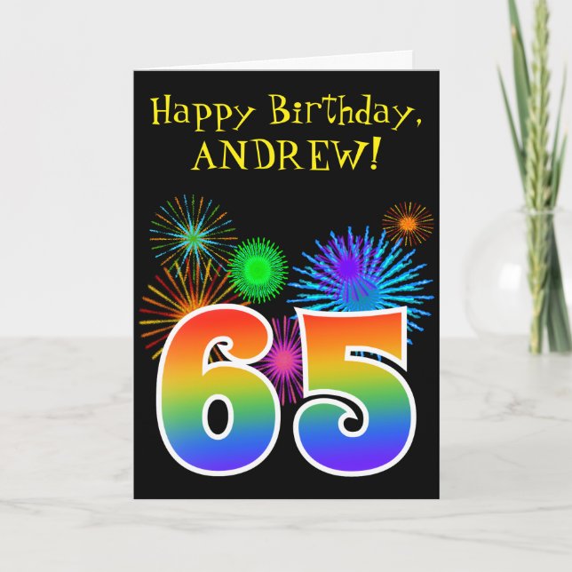 Fun Fireworks + Rainbow Pattern "65" Birthday # Card (Front)