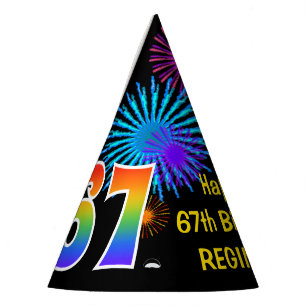 Fun Fireworks + Rainbow Pattern "67" Birthday # Party Hat