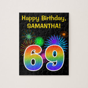 Fun Fireworks + Rainbow Pattern "69" Birthday # Jigsaw Puzzle