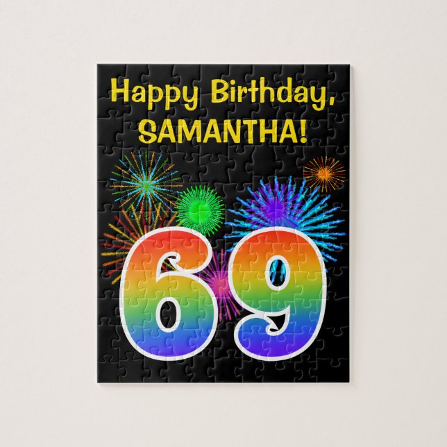 Fun Fireworks + Rainbow Pattern "69" Birthday # Jigsaw Puzzle (Vertical)