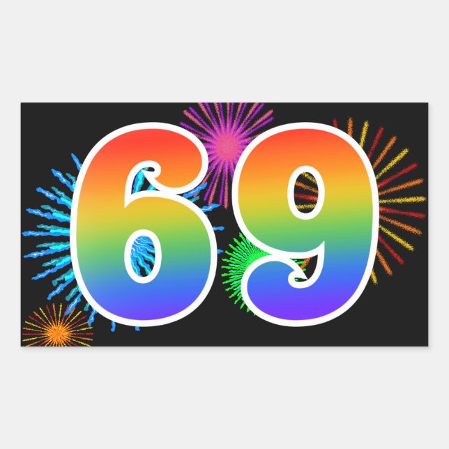 Fun Fireworks + Rainbow Pattern "69" Event Number Rectangular Sticker (Front)