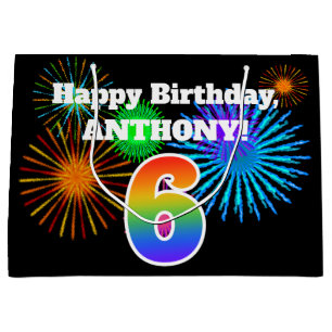 Fun Fireworks + Rainbow Pattern "6" Birthday # Large Gift Bag