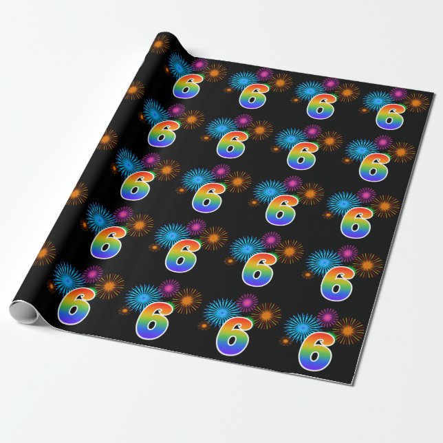 Fun Fireworks + Rainbow Pattern "6" Event Number Wrapping Paper (Unrolled)