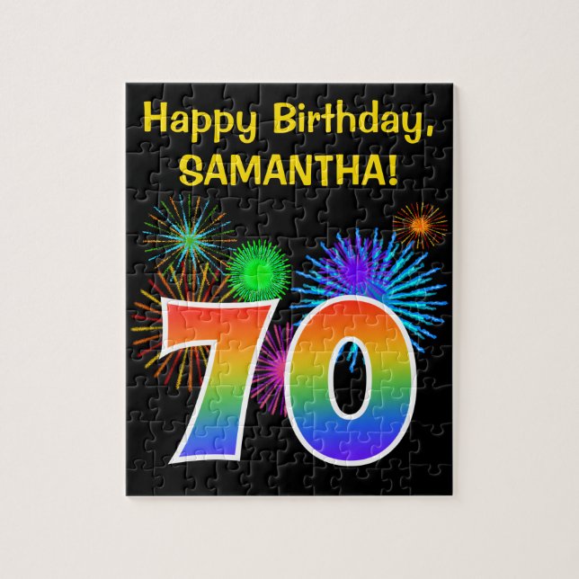 Fun Fireworks + Rainbow Pattern "70" Birthday # Jigsaw Puzzle (Vertical)