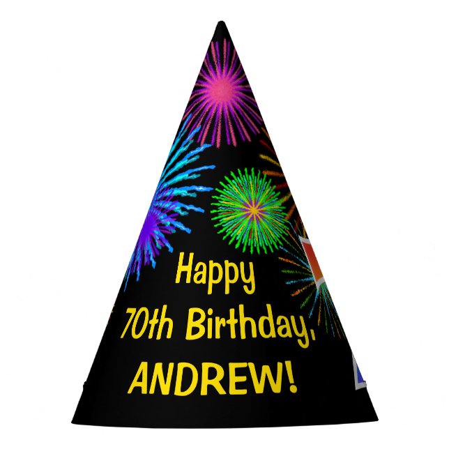 Fun Fireworks + Rainbow Pattern "70" Birthday # Party Hat (Front)