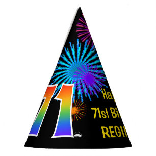 Fun Fireworks + Rainbow Pattern "71" Birthday # Party Hat