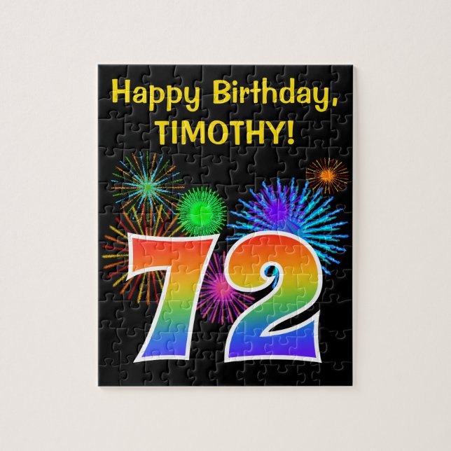 Fun Fireworks + Rainbow Pattern "72" Birthday # Jigsaw Puzzle (Vertical)