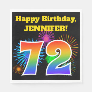 Fun Fireworks + Rainbow Pattern "72" Birthday # Napkin