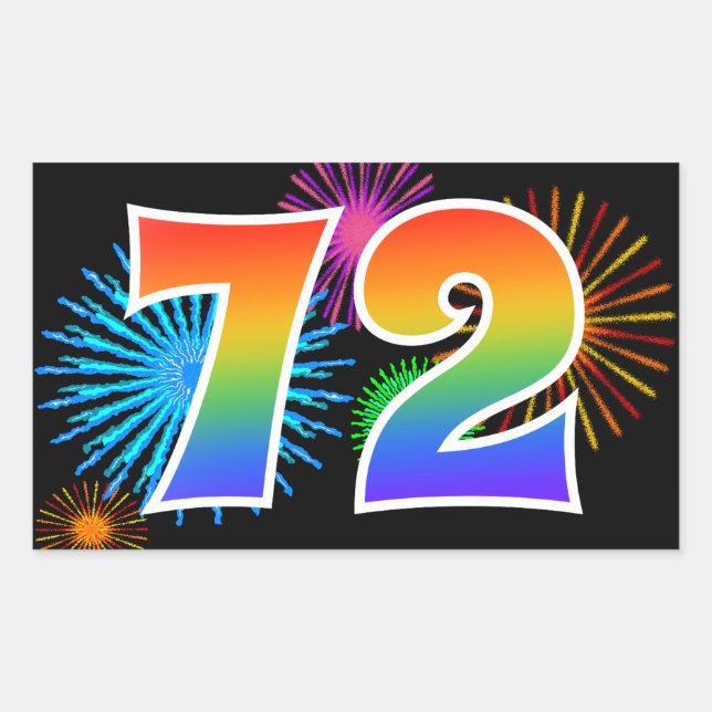 Fun Fireworks + Rainbow Pattern "72" Event Number Rectangular Sticker (Front)