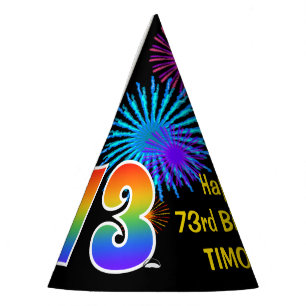 Fun Fireworks + Rainbow Pattern "73" Birthday # Party Hat