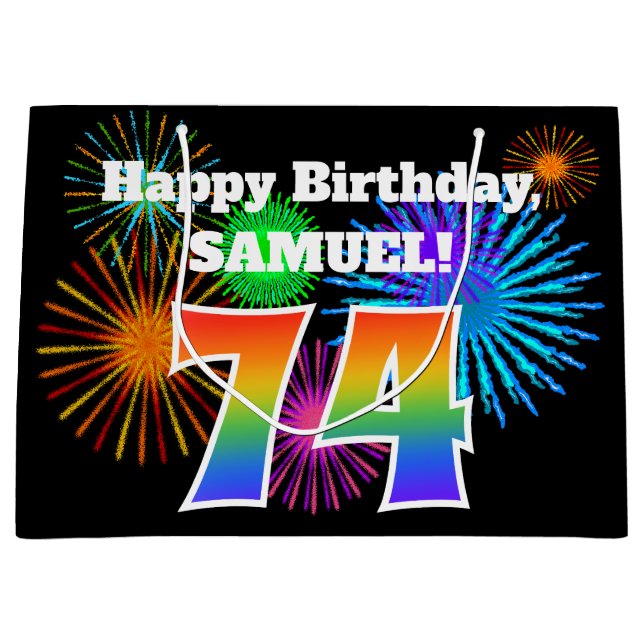 Fun Fireworks + Rainbow Pattern "74" Birthday # Large Gift Bag (Front)