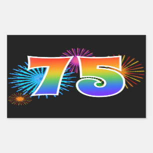 Fun Fireworks + Rainbow Pattern "75" Event Number Rectangular Sticker