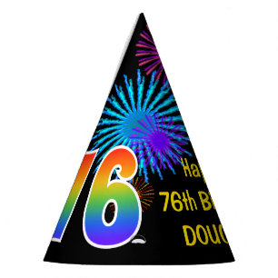 Fun Fireworks + Rainbow Pattern "76" Birthday # Party Hat