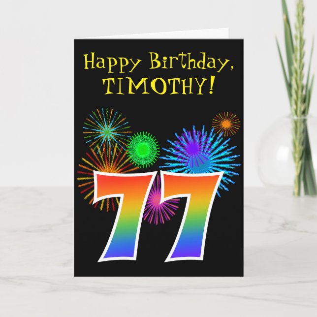 Fun Fireworks + Rainbow Pattern "77" Birthday # Card (Front)
