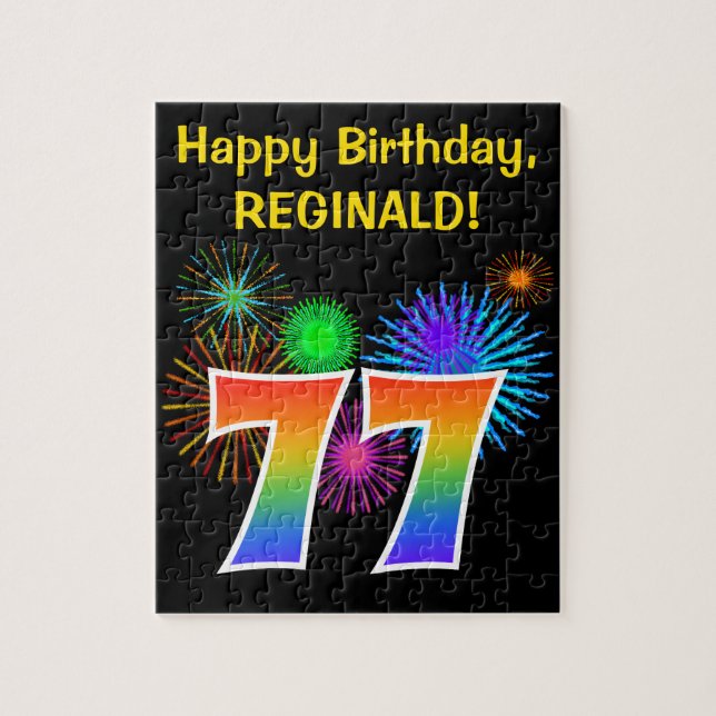 Fun Fireworks + Rainbow Pattern "77" Birthday # Jigsaw Puzzle (Vertical)