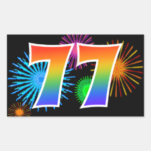 Fun Fireworks + Rainbow Pattern "77" Event Number Rectangular Sticker