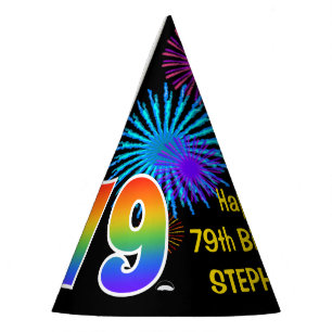 Fun Fireworks + Rainbow Pattern "79" Birthday # Party Hat