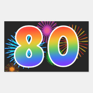 Fun Fireworks + Rainbow Pattern "80" Event Number Rectangular Sticker