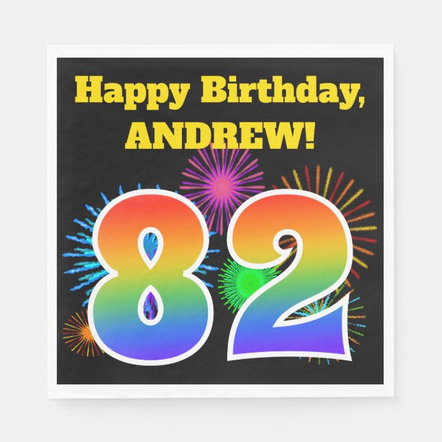 Fun Fireworks + Rainbow Pattern "82" Birthday # Napkin (Front)