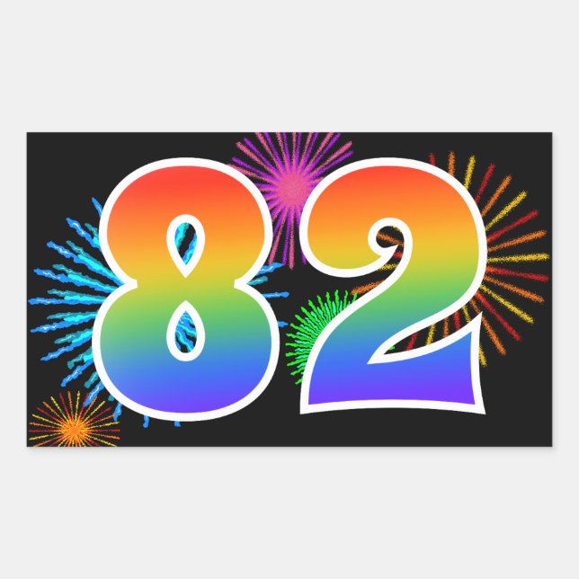 Fun Fireworks + Rainbow Pattern "82" Event Number Rectangular Sticker (Front)