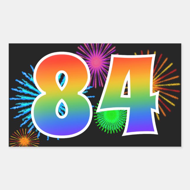 Fun Fireworks + Rainbow Pattern "84" Event Number Rectangular Sticker (Front)