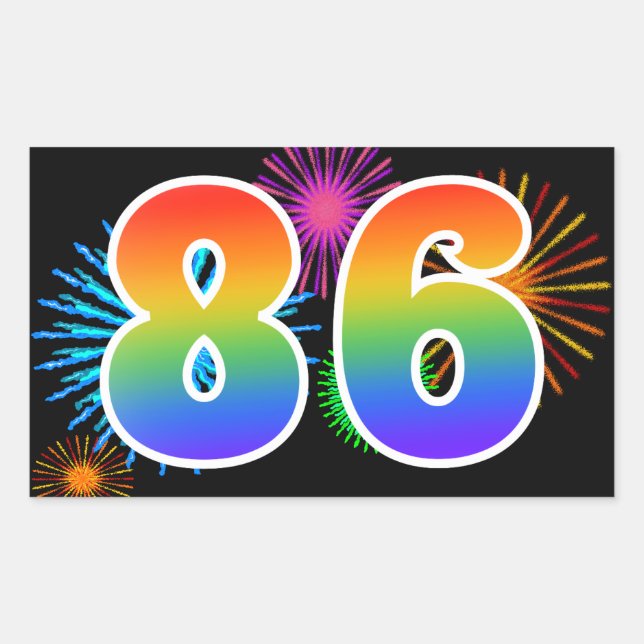 Fun Fireworks + Rainbow Pattern "86" Event Number Rectangular Sticker (Front)