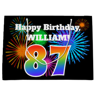 Fun Fireworks + Rainbow Pattern "87" Birthday # Large Gift Bag