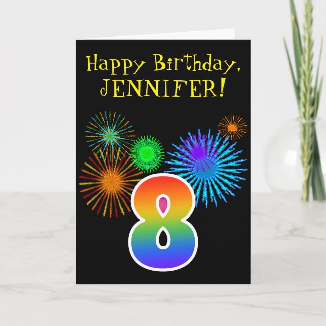 Fun Fireworks + Rainbow Pattern "8" Birthday # Card (Front)