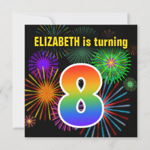 Fun Fireworks + Rainbow Pattern "8" Birthday # Invitation