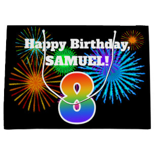 Fun Fireworks + Rainbow Pattern "8" Birthday # Large Gift Bag