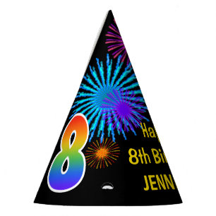 Fun Fireworks + Rainbow Pattern "8" Birthday # Party Hat