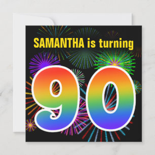 Fun Fireworks + Rainbow Pattern "90" Birthday # Invitation