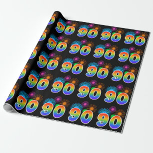 Fun Fireworks + Rainbow Pattern "90" Event Number Wrapping Paper