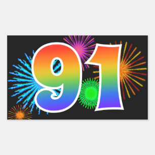 Fun Fireworks + Rainbow Pattern "91" Event Number Rectangular Sticker