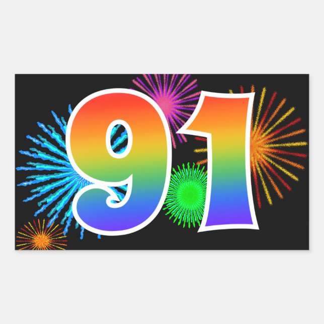 Fun Fireworks + Rainbow Pattern "91" Event Number Rectangular Sticker (Front)