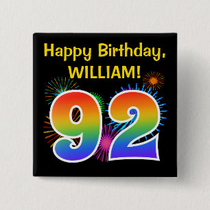 Fun Fireworks + Rainbow Pattern "92" Birthday # 15 Cm Square Badge
