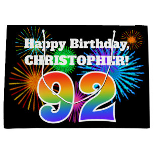 Fun Fireworks + Rainbow Pattern "92" Birthday # Large Gift Bag