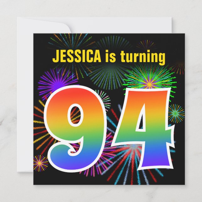 Fun Fireworks + Rainbow Pattern "94" Birthday # Invitation (Front)