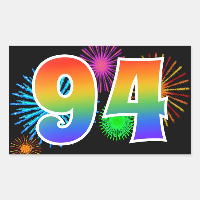 Fun Fireworks + Rainbow Pattern "94" Event Number Rectangular Sticker (Front)