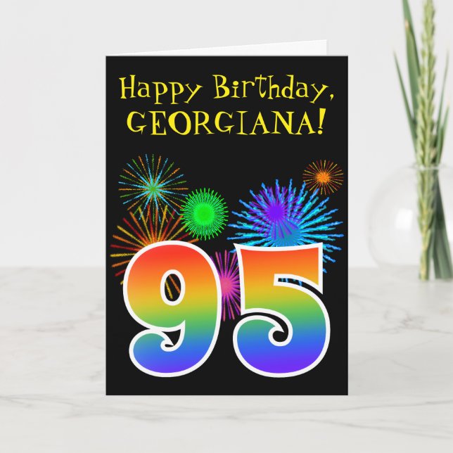 Fun Fireworks + Rainbow Pattern "95" Birthday # Card (Front)