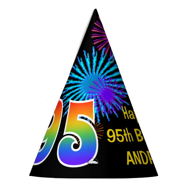 Fun Fireworks + Rainbow Pattern "95" Birthday # Party Hat (Left)