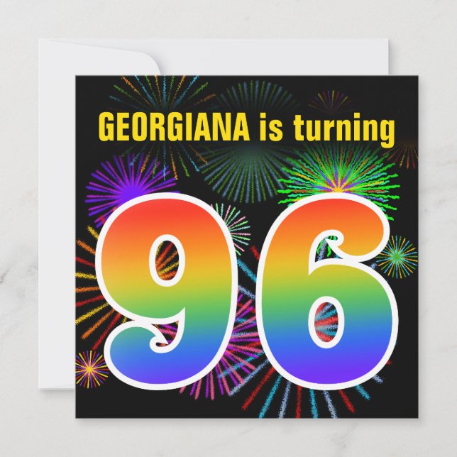 Fun Fireworks + Rainbow Pattern "96" Birthday # Invitation (Front)