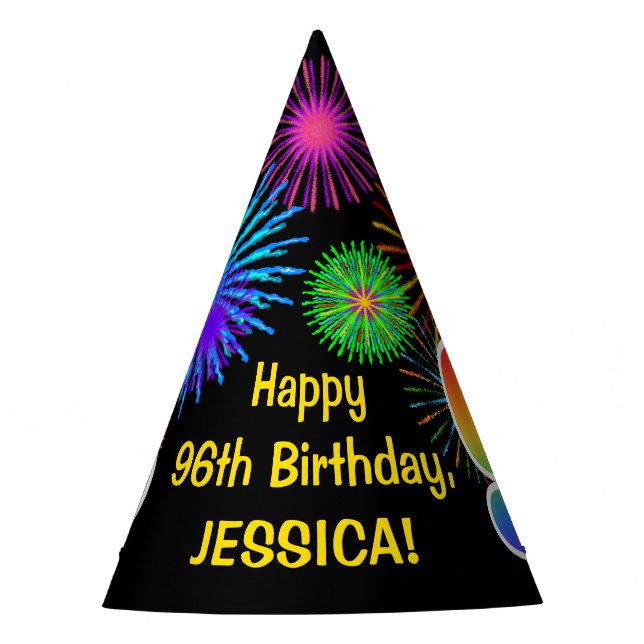 Fun Fireworks + Rainbow Pattern "96" Birthday # Party Hat (Front)