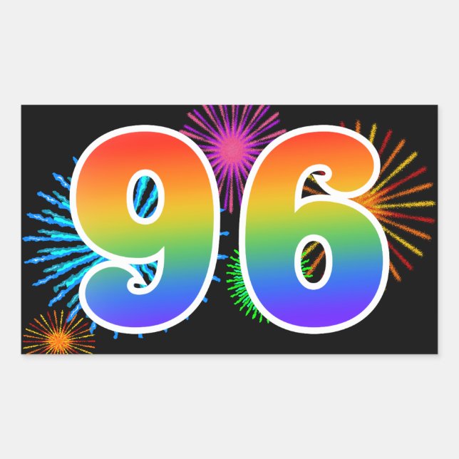 Fun Fireworks + Rainbow Pattern "96" Event Number Rectangular Sticker (Front)
