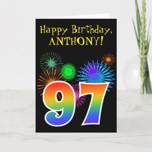 Fun Fireworks + Rainbow Pattern "97" Birthday # Card