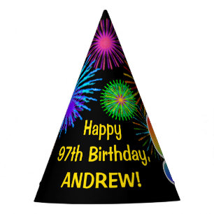 Fun Fireworks + Rainbow Pattern "97" Birthday # Party Hat