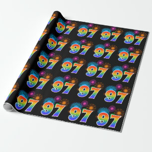 Fun Fireworks + Rainbow Pattern "97" Event Number Wrapping Paper